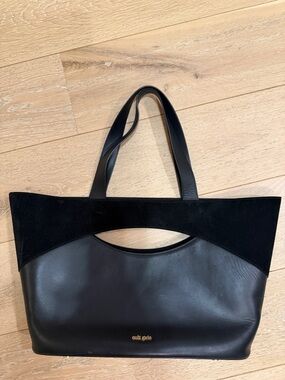Cult Gaia Jun Black Leather and Suede Tote with Cutout Handle